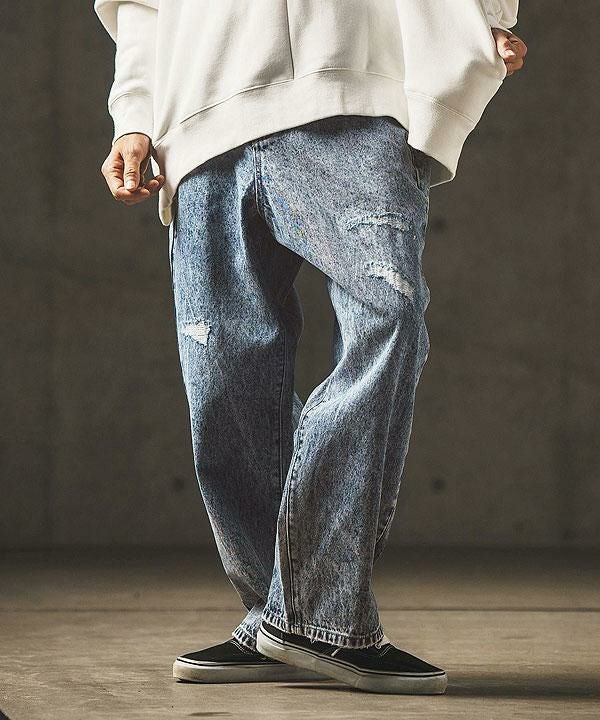 GLIMCLAP グリムクラップ Chemical processing denim wide straight pants