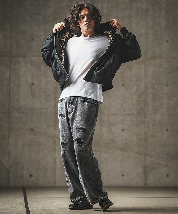 GLIMCLAP グリムクラップ Ripstop nylon × shaggy leopard zip up jacket
