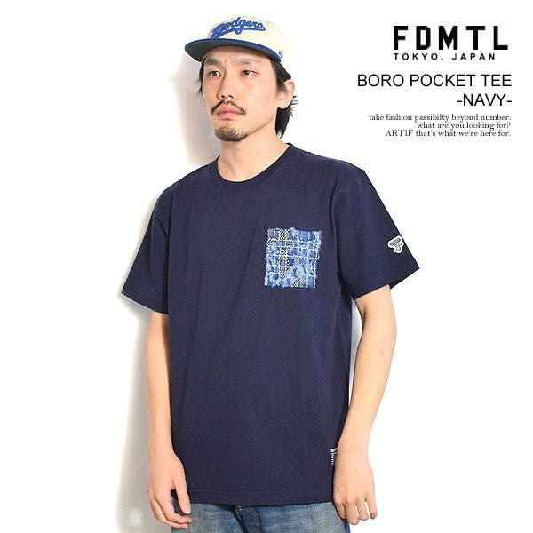 FDMTL ファンダメンタル BORO POCKET TEE -NAVY-