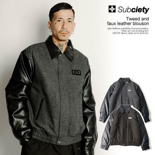 SUBCIETY サブサエティ Tweed and faux leather blouson