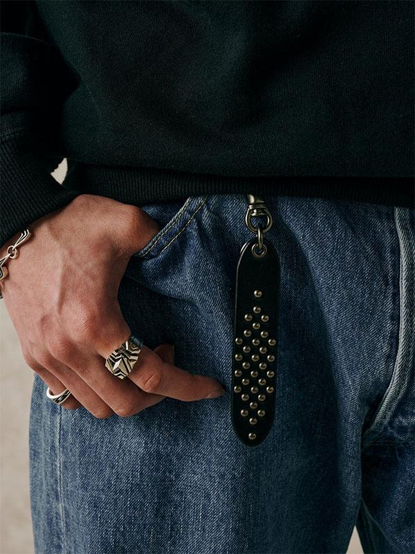 CALEE キャリー ブラックカラーストーンシルバーリング 18号 CALEE キャリー ROUND STUDS LEATHER KEY RING -TYPE B-